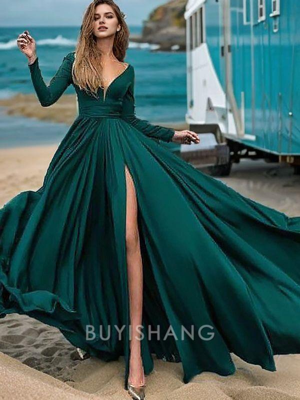 Buyishang Simple A-Line/Princess V-neck Sweep Train Satin Chiffon Prom Dresses With Leg Slit formal wear dresses