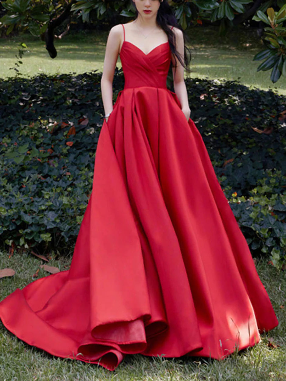 Buyishang Red V Neck Satin Long Prom Dress Red Formal Graduation Dresses prom dress in store