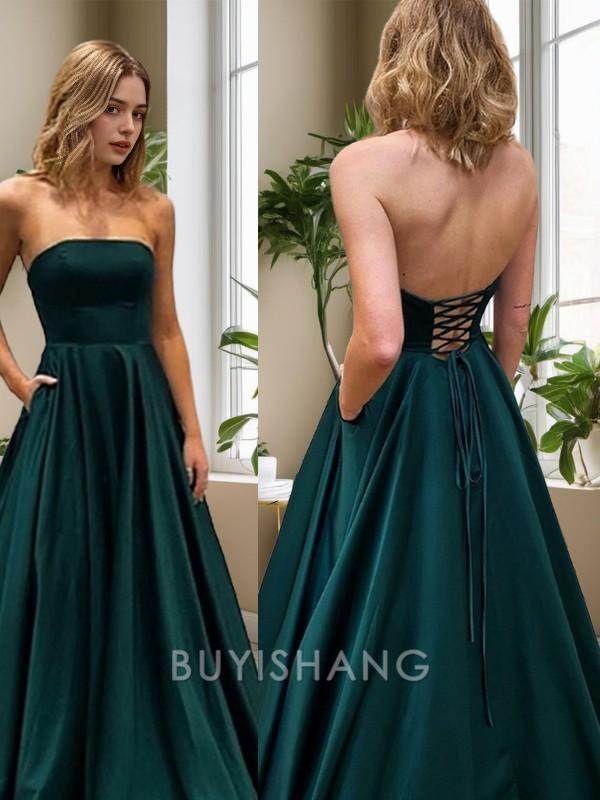 Buyishang Simple A-Line/Princess Strapless Sweep Train Satin Evening Dresses With Pockets formal wear dresses