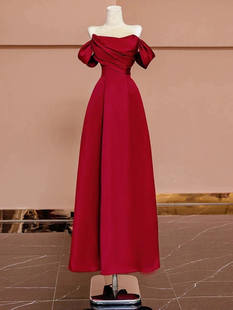 Buyishang Sexy A Line Off The Shoulder Red Satin Floor Length Evening Dress Prom Dresses