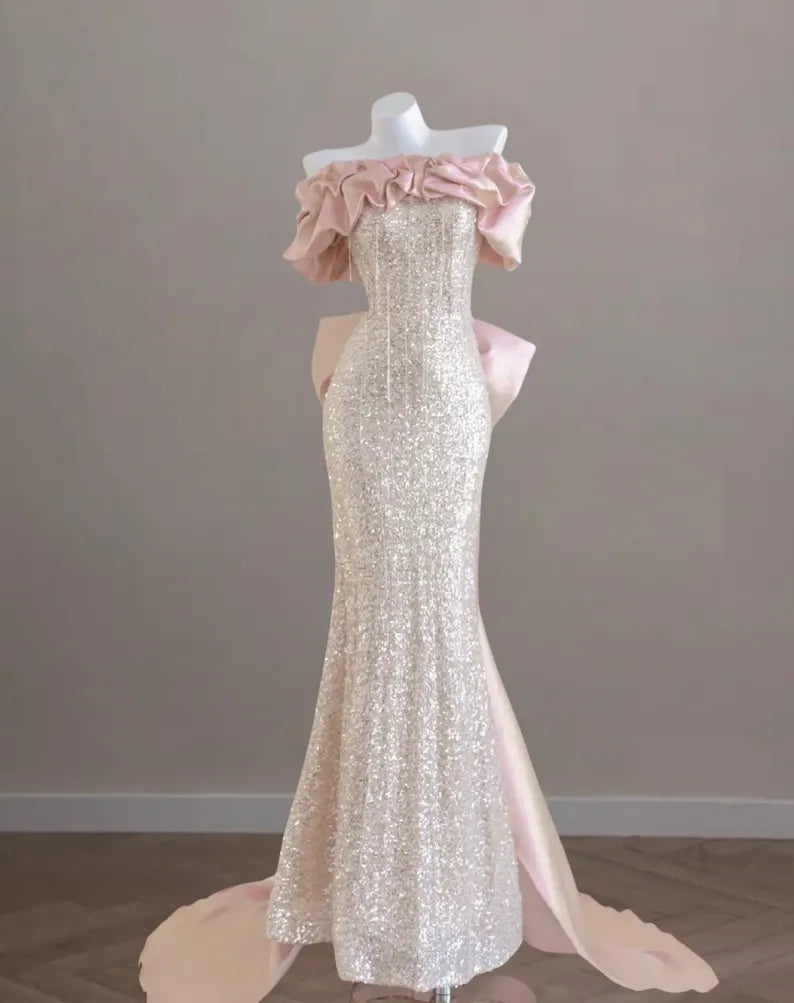 Buyishang Shinny pink sequin prom dress sweet bow train party dress off shoulder evening dress mermaid homecoming dress sleeveless graduation gown
