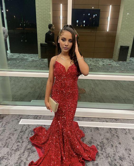 Buyishang Sexy Mermaid Sweetheart Sequin Red Long Prom Dresses Party Dress