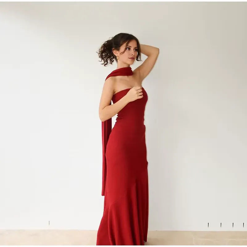 Buyishang Pretty Mermaid Spaghetti Straps Floor Length Red Prom Dress Evening Dress Formal Dress With Ribbon