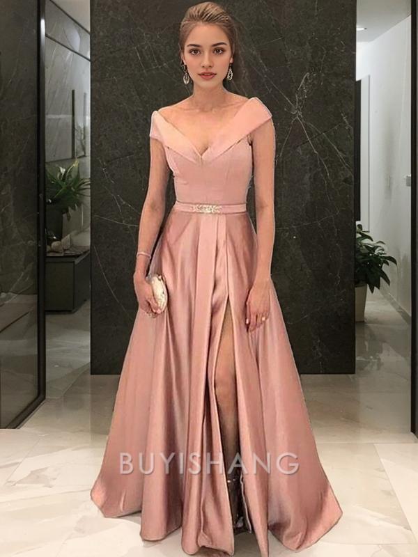 Buyishang Simple A-Line/Princess Off-the-Shoulder Floor-Length Satin Evening Dresses With Leg Slit formal wear dresses