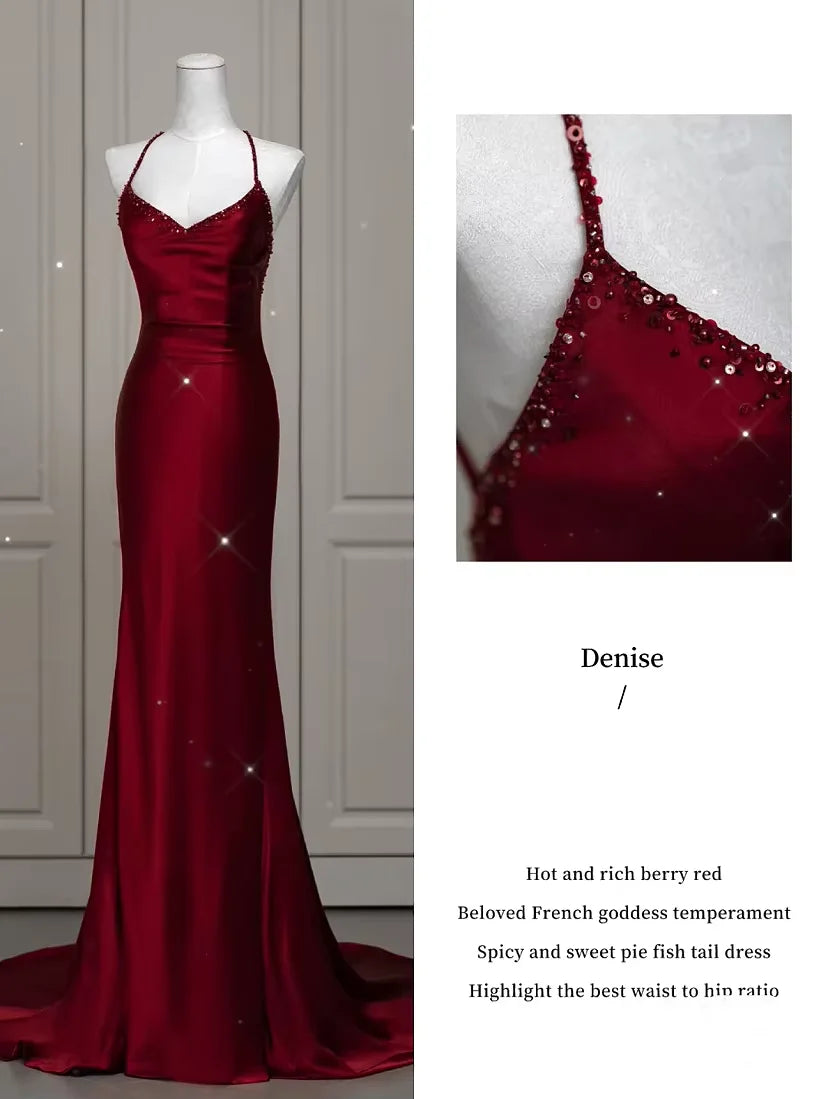 Buyishang Sexy Mermaid Spaghetti Straps Floor Length Burgundy Satin Backless Prom Dresses formal wear dresses
