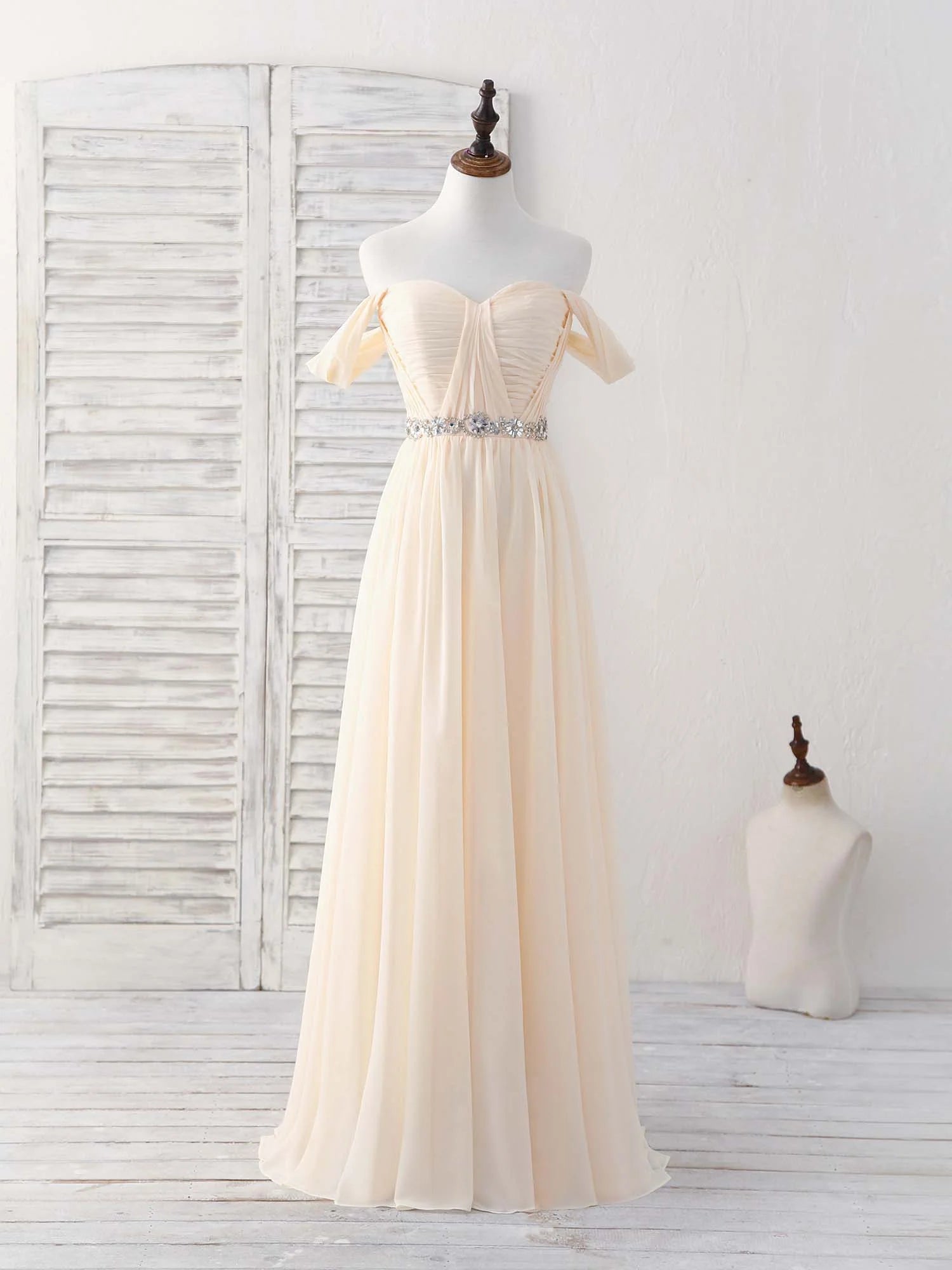 Buyishang Champagne Chiffon Off Shoulder Long Prom Dress Bridesmaid Dress Bridesmaid dress shop