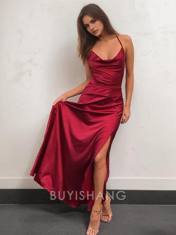 Buyishang Simple A-Line/Princess Spaghetti Straps Floor-Length Silk Like Satin Prom Dresses With Leg Slit formal wear dresses