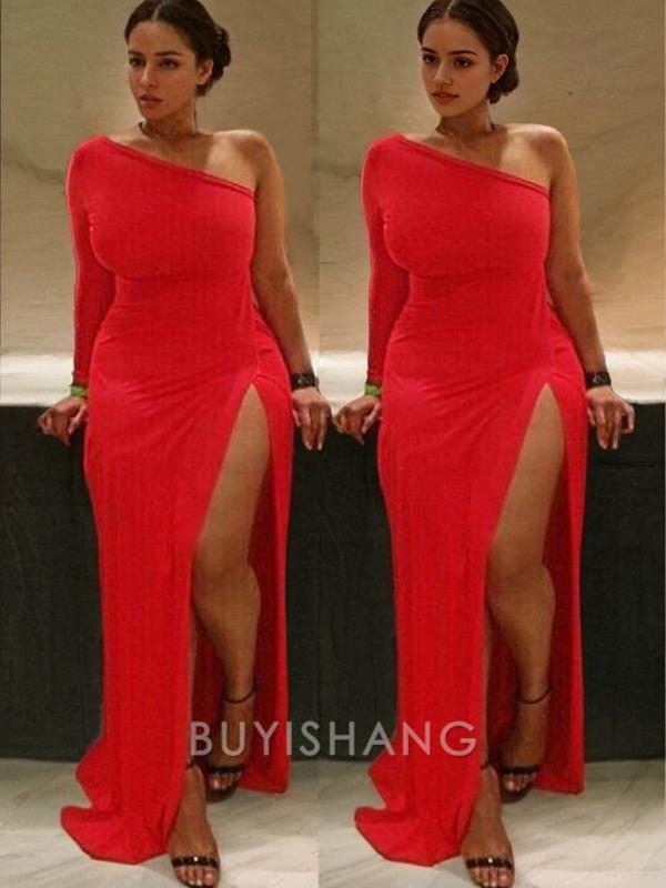 Buyishang Simple Sheath/Column One-Shoulder Sweep Train Spandex Evening Dresses With Ruffles formal wear dresses