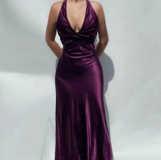 Buyishang Elegant V-neck purple satin and floor length prom dresses evening gown
