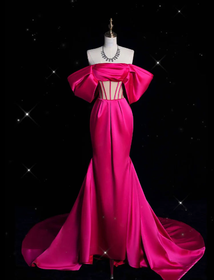 Buyishang Sexy Mermaid Off The Shoulder Neckline Satin Pink Long Prom Dresses Party Dress