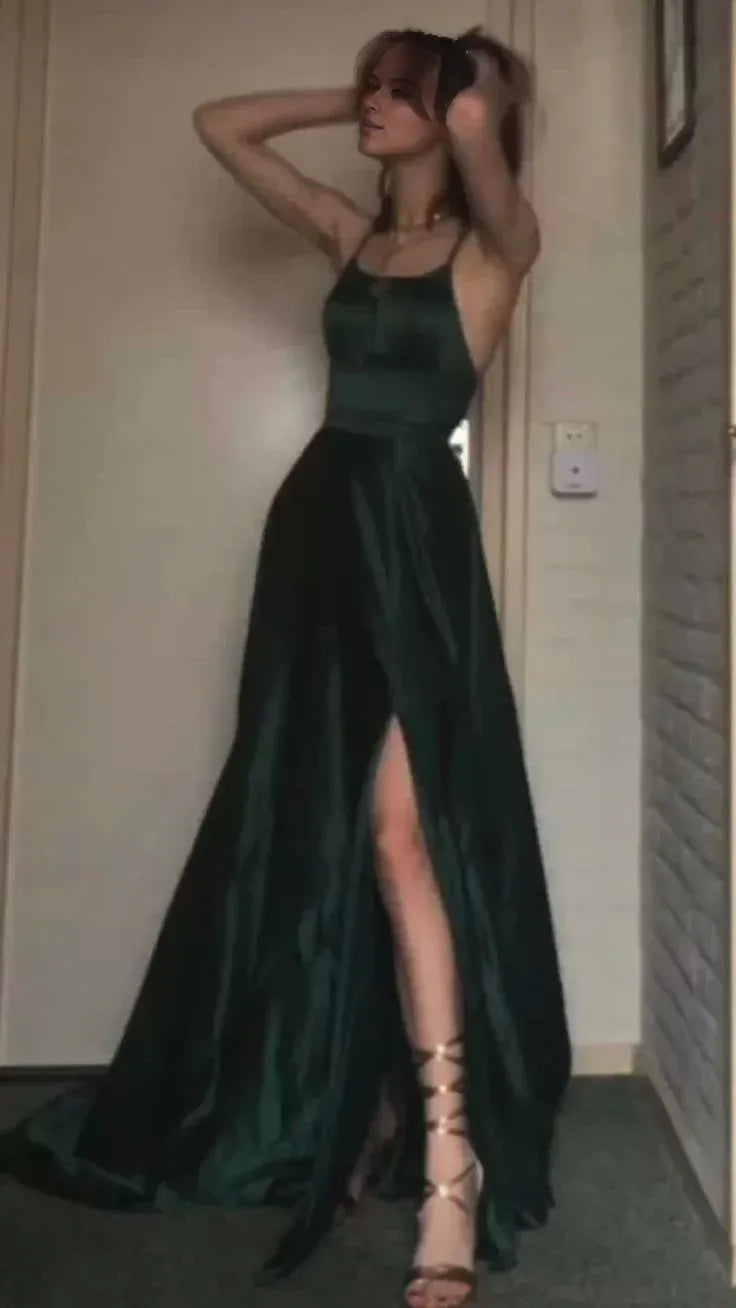 Buyishang Elegant Sexy A Line Halter Dark Green Satin Long Evening Gowns Prom Dresses