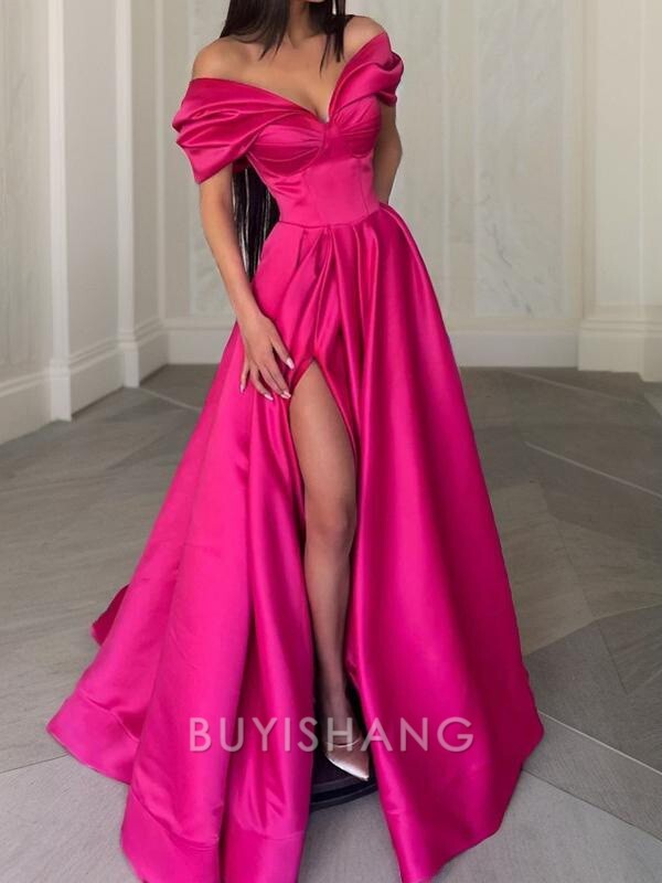 Buyishang Simple A-Line/Princess Off-the-Shoulder Sweep Train Satin Evening Dresses With Leg Slit formal wear dresses
