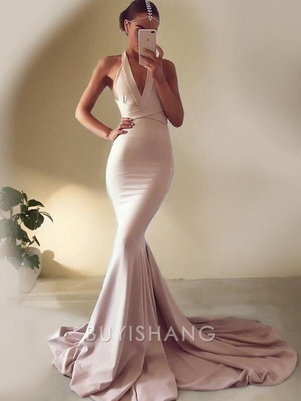 Buyishang Simple Trumpet/Mermaid V-neck Sweep Train Stretch Crepe Prom Dresses With Ruffles formal wear dresses