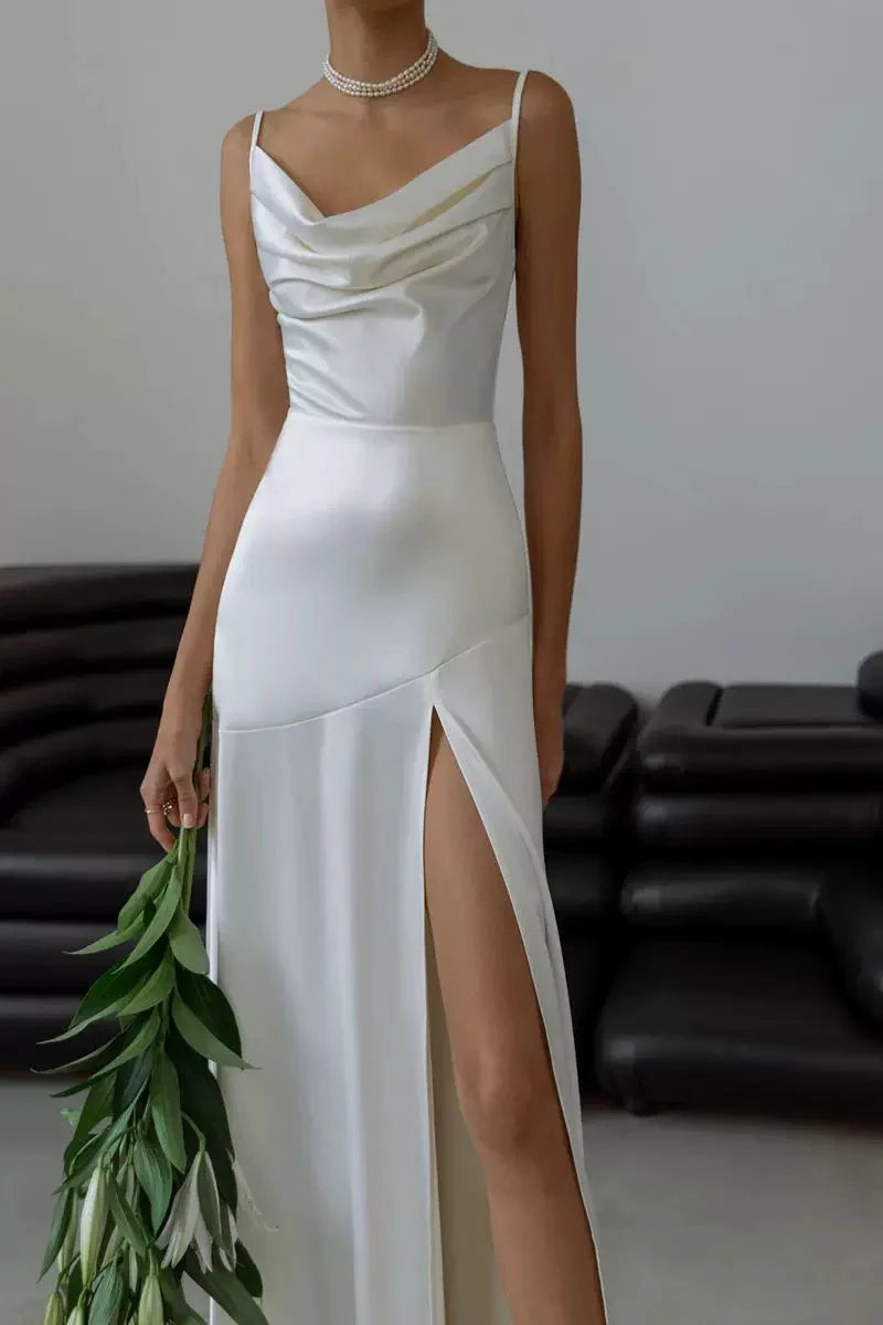 Buyishang Elegant Gorgeous Mermaid Spaghetti Straps Floor-length White Slit Evening Dress Prom Dresses