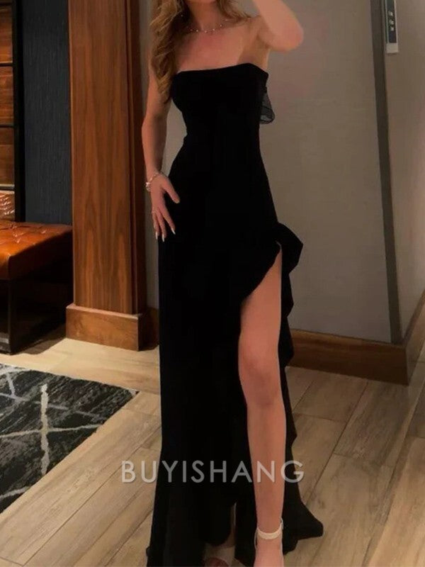 Buyishang Simple Sheath Straight Ruffles Floor-Length Stretch Crepe Dress formal wear dresses