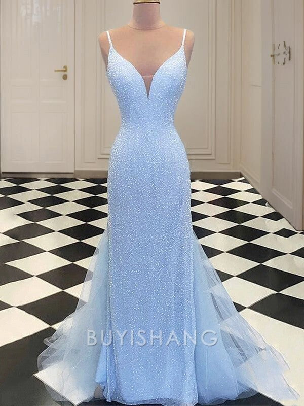 Buyishang Simple Sheath/Column Spaghetti Straps Sweep Train Tulle Evening Dresses With Sequin formal wear dresses