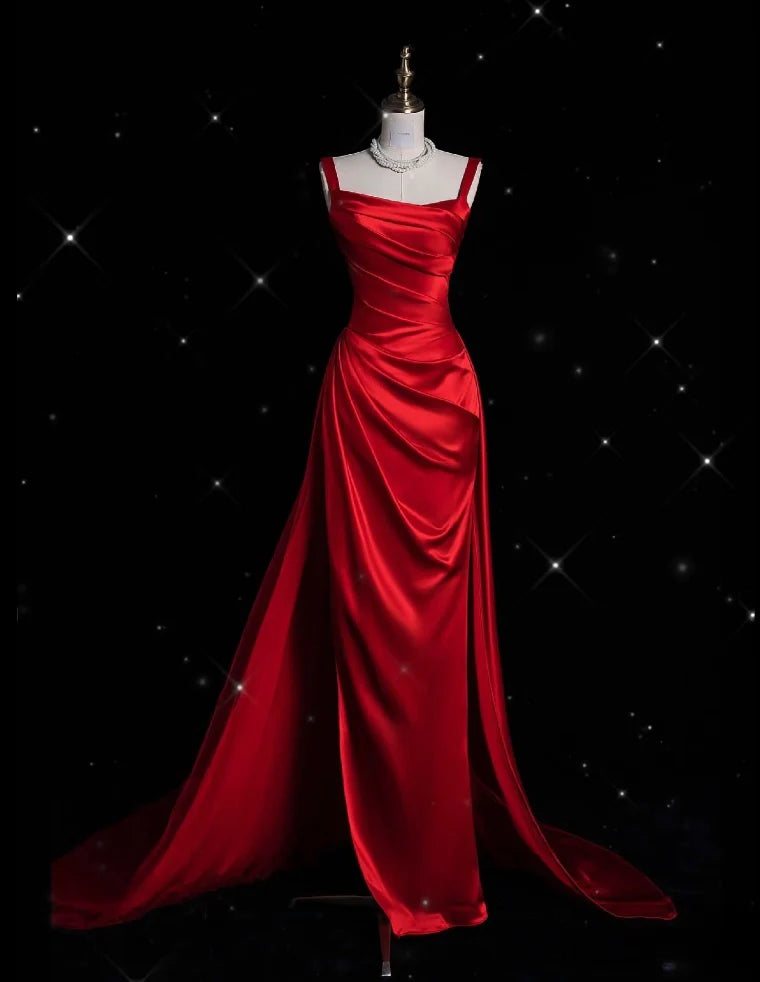 Buyishang Vintage Fashion Sheath Straps Red Satin Floor Length Evening Dress Prom Dresses
