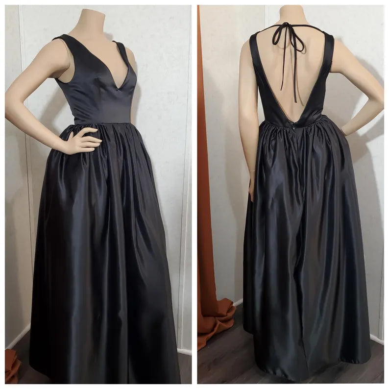 Buyishang Custom color available Black Deep V- shape neckline Low Back Long Dress evening dress party dress black dress