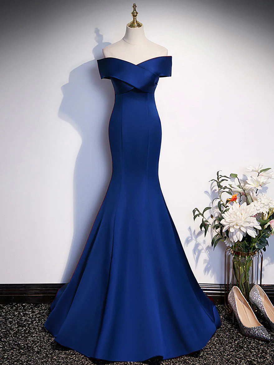 Buyishang Royal Blue Mermaid Satin Long Prom Dress Off Shoulder Blue Evening Dress prom dresses shops