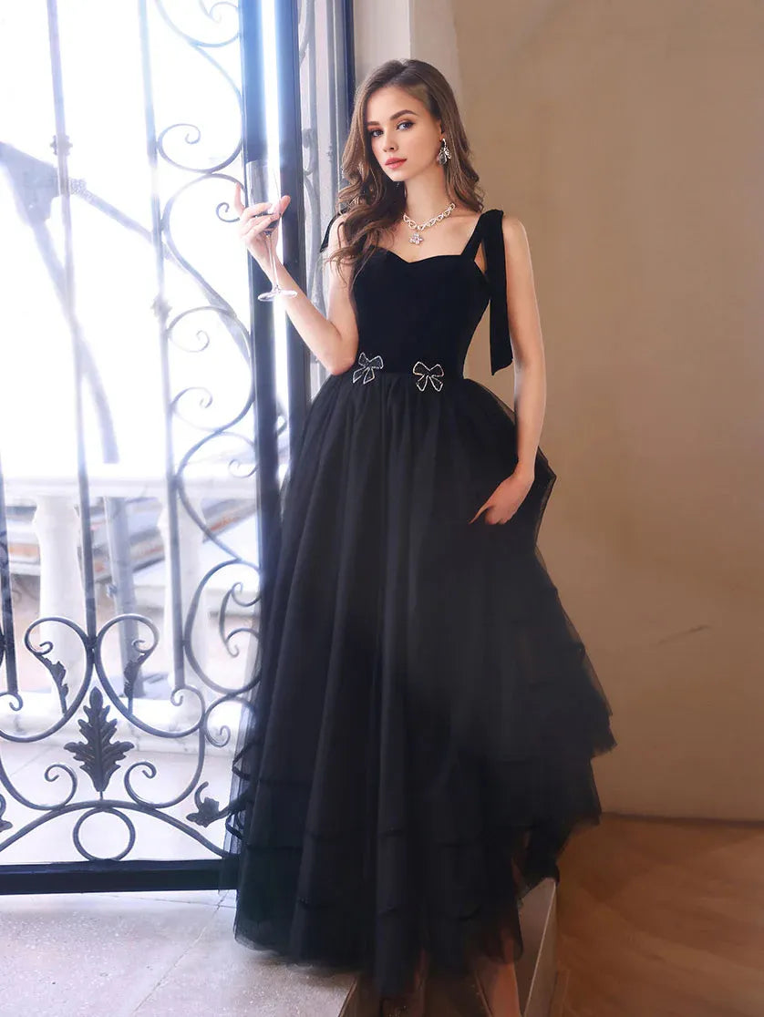 Buyishang Black Sweetheart Tulle Long Prom Dress Black Tulle Formal Graduation Dresses prom dress in store
