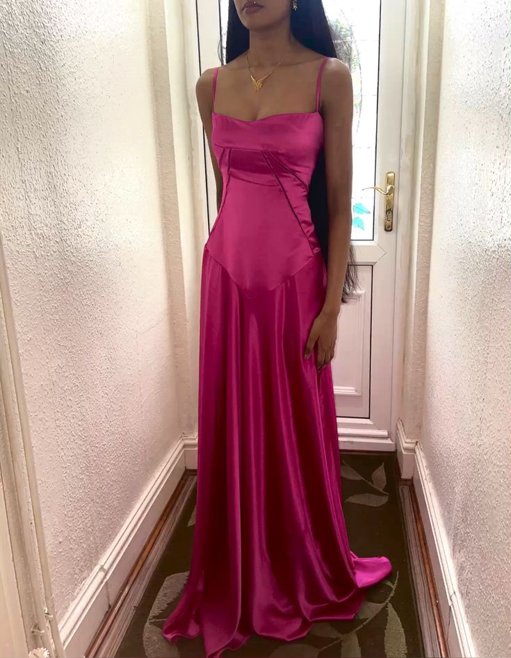 Buyishang Elegant Pretty A line Spaghetti Straps HOT Pink Satin Long Party Dresses Prom Dresses