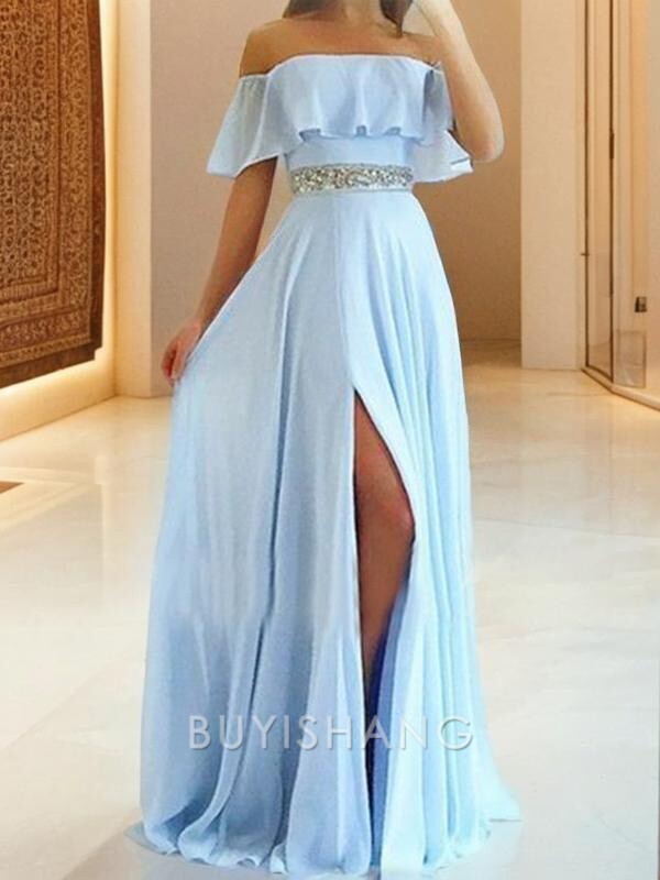 Buyishang Simple A-Line/Princess Off-the-Shoulder Floor-Length Chiffon Evening Dresses With Leg Slit formal wear dresses