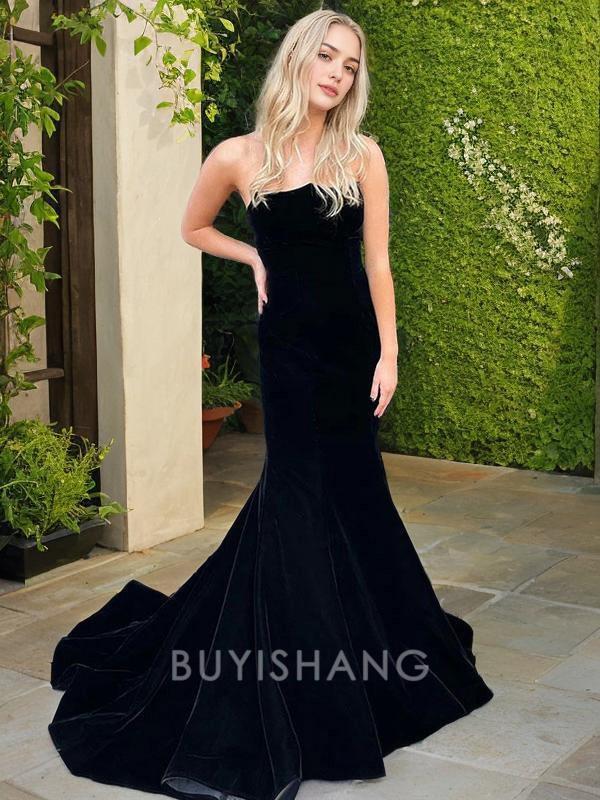 Buyishang Simple Trumpet/Mermaid Strapless Sweep Train Velvet Evening Dresses formal wear dresses