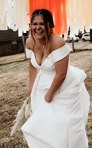 Buyishang Romantic Off-the-shoulder A-Line Satin Wedding Dress With Button Back