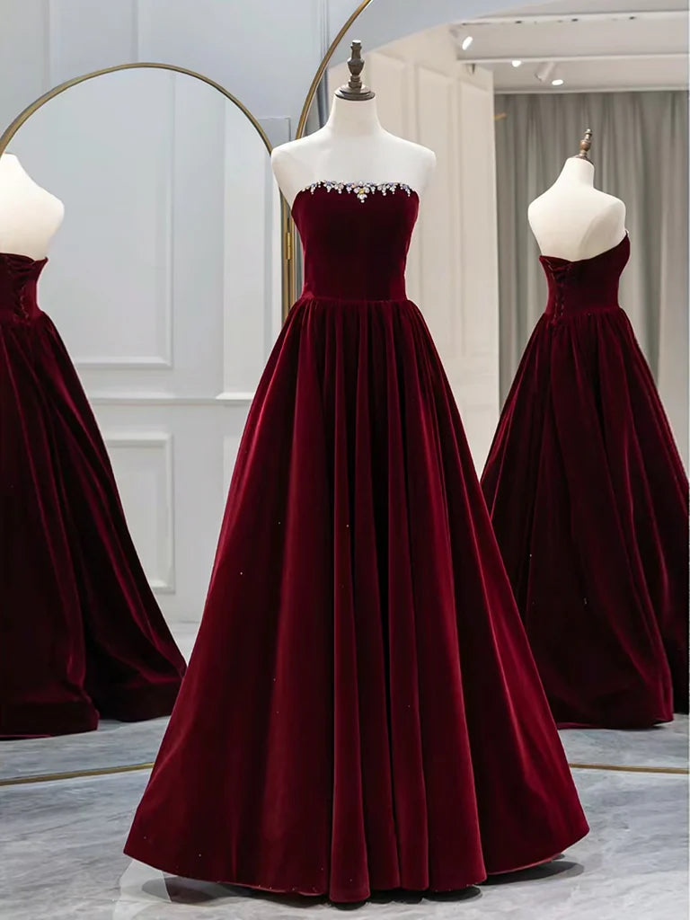 Buyishang A-Line Long Sleeves Velvet Burgundy Long Prom Dress Burgundy Long Evening Dress with Beads