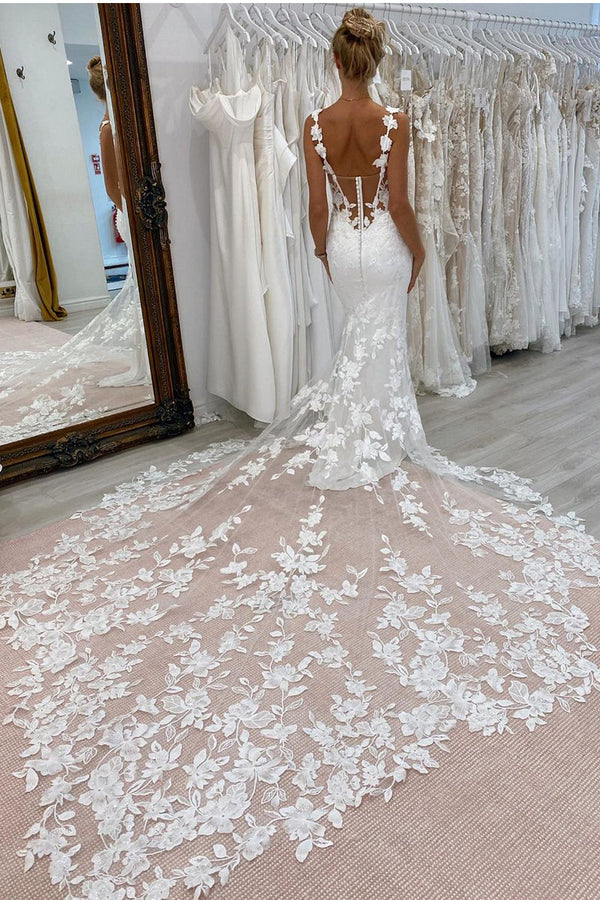 Buyishang Mermaid Sweetheart Floral Straps Satin Wedding Dresses with Appliques