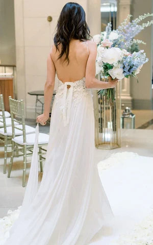 Buyishang Spaghetti A-Line Lace Bohemian Wedding Dress With Open Back And Split Front