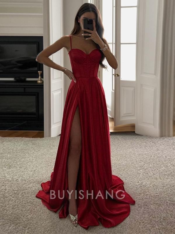 Buyishang A-line Spaghetti Straps Ruffles Sweep Train Silk Like Satin Corset Dress