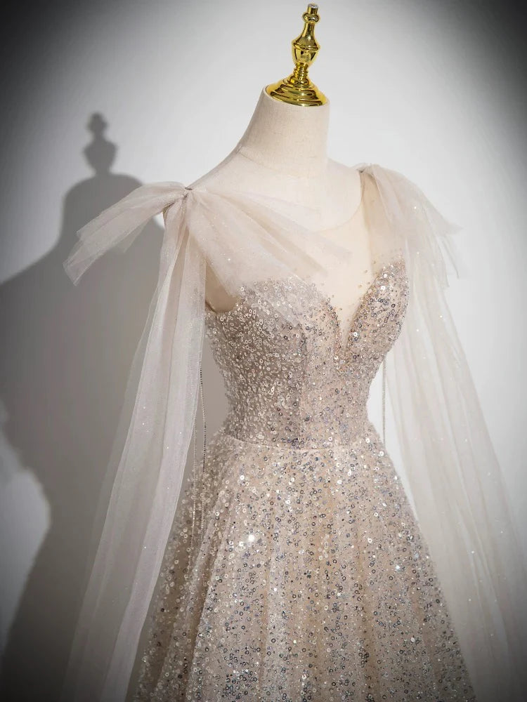 Buyishang A-Line Scoop Neckline Tulle Sequin Champagne Long Prom Dress