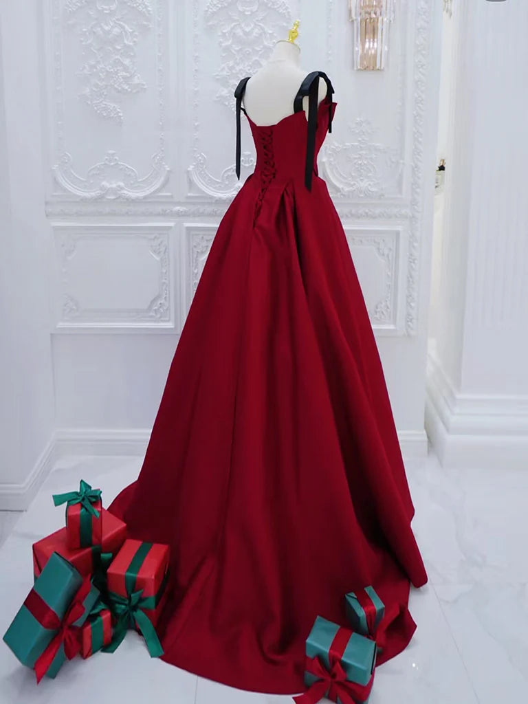 Buyishang A-Line Burgundy Satin Long Prom Dress Burgundy Long Formal Dress