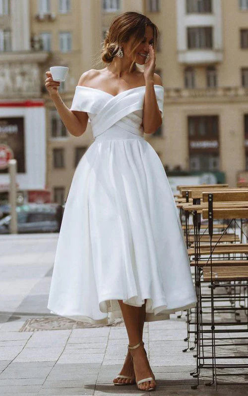 Buyishang A-Line Satin Tea Length White Off the Shoulder Wedding Dress