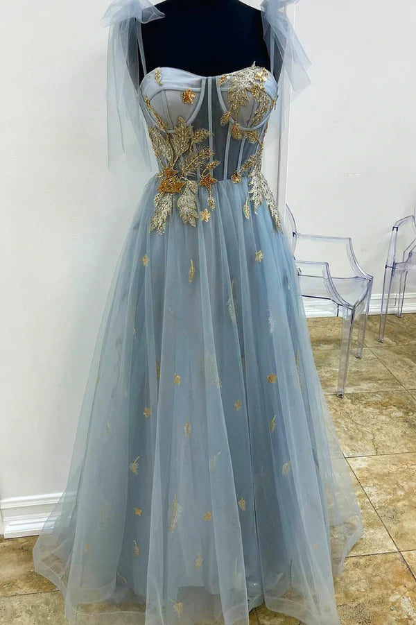 Gray Tulle Lace Long Prom Dress A-Line Spaghetti Straps Evening Dress