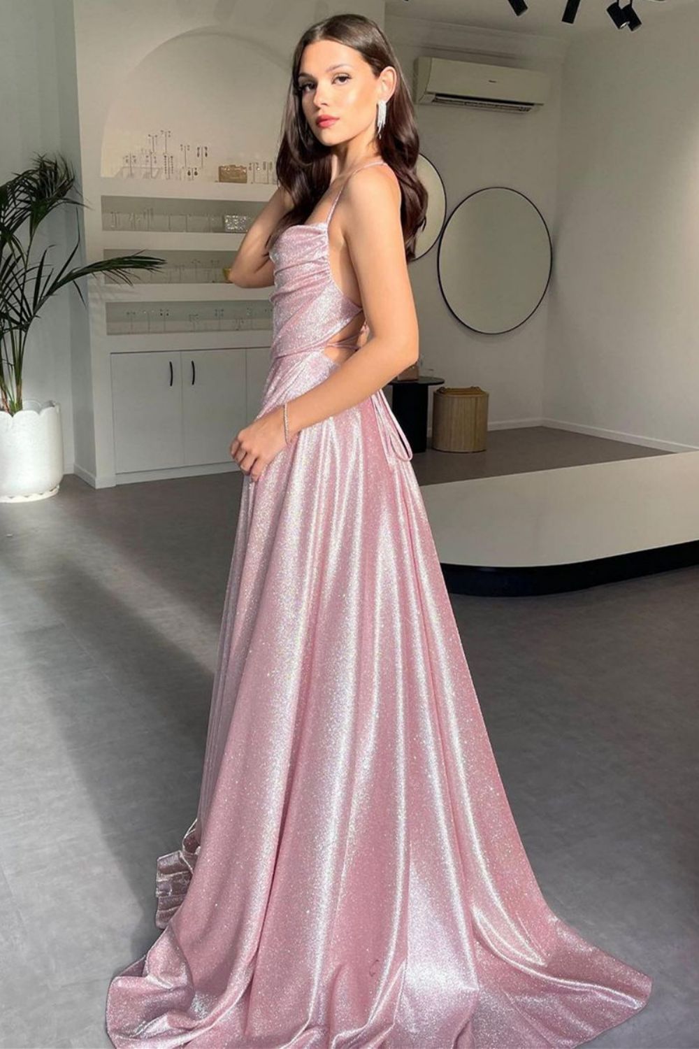 Simple A Line Spaghetti Straps Pink Long Prom Dress with Split Front