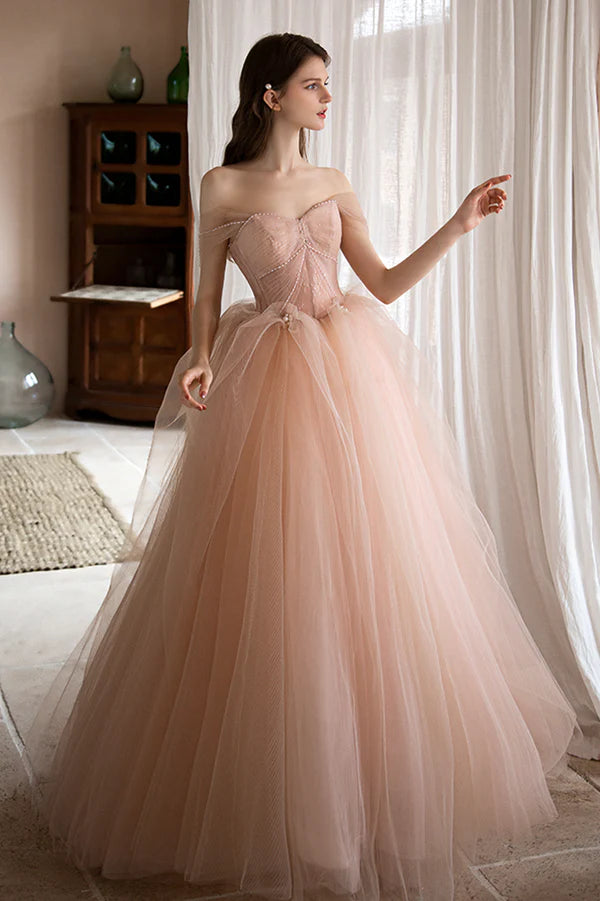 Pink Tulle Lace Long A-Line Prom Dress Lovely Off the Shoulder Party Dress