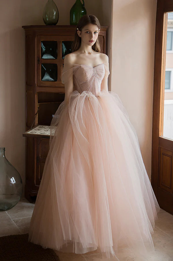 Pink Tulle Lace Long A-Line Prom Dress Lovely Off the Shoulder Party Dress