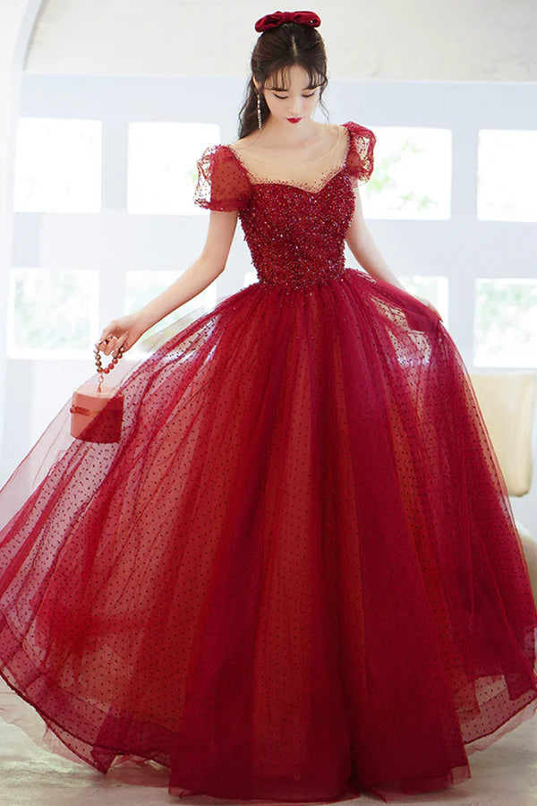 Red Scoop Neckline Tulle Long Prom Dress with Sequins A-Line Formal Evening Dress