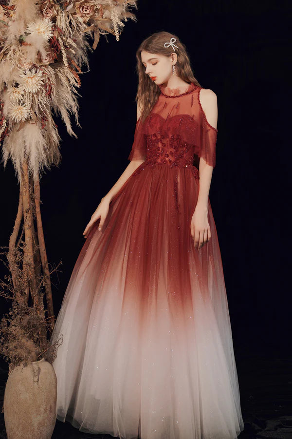 Burgundy Tulle Long Prom Dress with Sequins Cute A-Line Party Dress