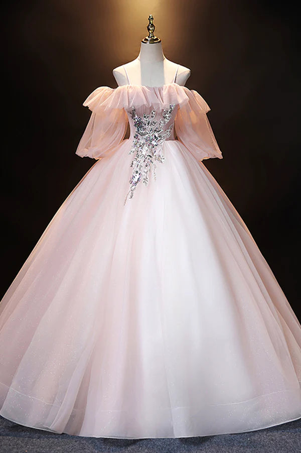 A-Line Pink Spaghetti Straps Long Prom Dress Pink Lace Formal Evening Dress