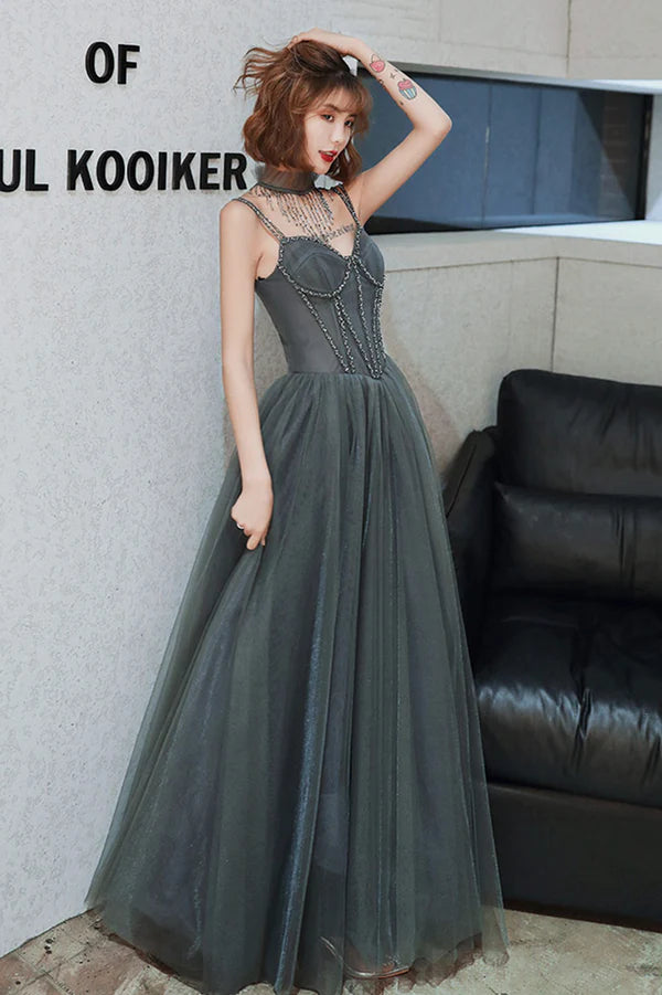 Gray Spaghetti Straps Tulle Long Prom Dress A-Line Evening Party Dress