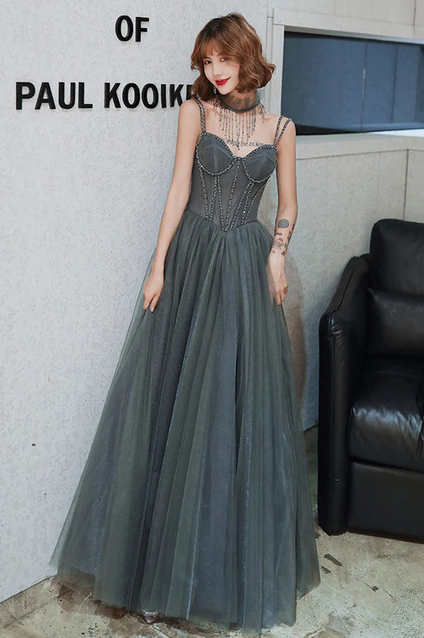 Gray Spaghetti Straps Tulle Long Prom Dress A-Line Evening Party Dress