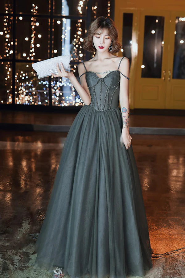 Gray Spaghetti Straps Tulle Long Prom Dress A-Line Evening Party Dress