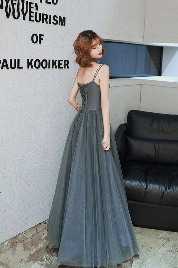 Gray Spaghetti Straps Tulle Long Prom Dress A-Line Evening Party Dress