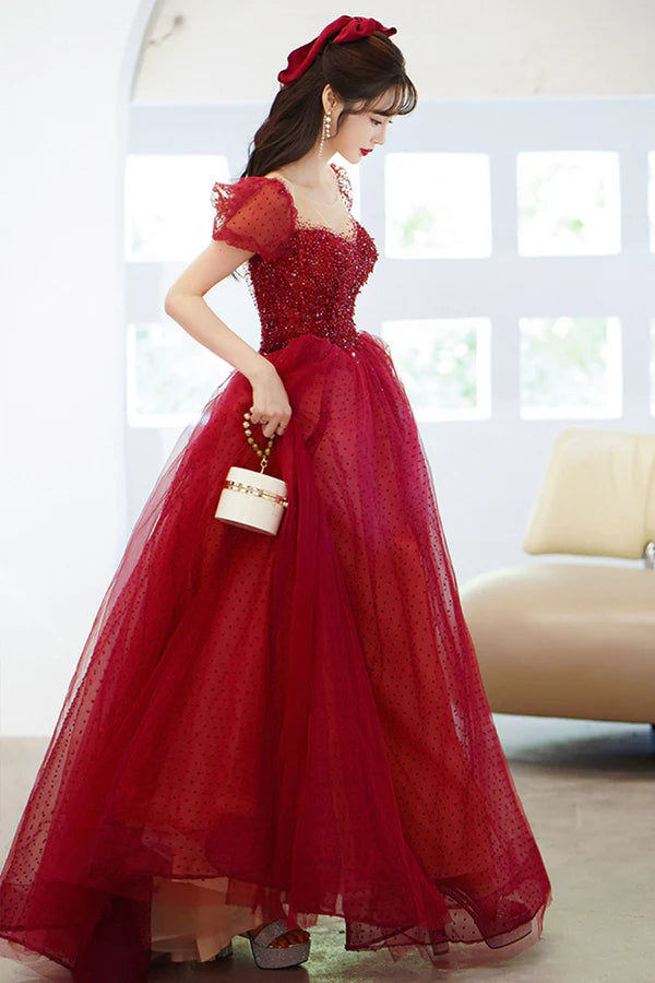 Red Scoop Neckline Tulle Long Prom Dress with Sequins A-Line Formal Evening Dress