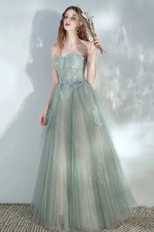 Green Tulle Lace Long A-Line Prom Dress Cute Strapless Evening Party Dress