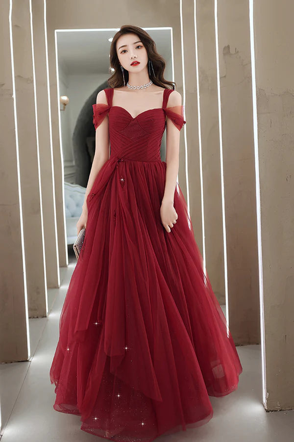 Burgundy Tulle Long A-Line Prom Dress Burgundy Evening Party Dress