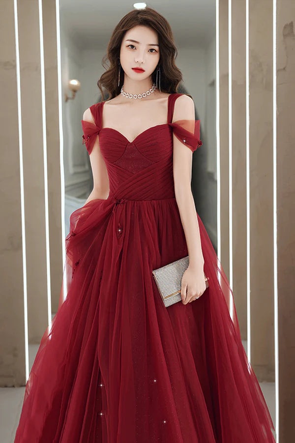 Burgundy Tulle Long A-Line Prom Dress Burgundy Evening Party Dress